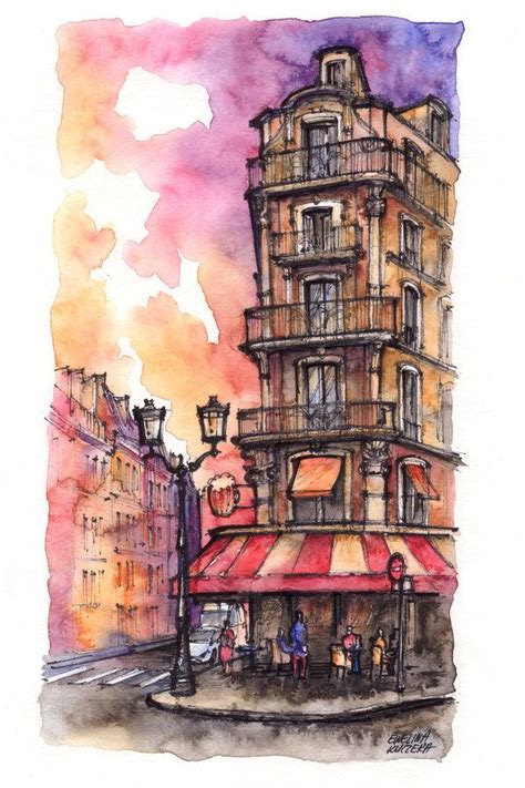 Watercolor Painting Of An Old Building With People Walking By On The