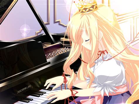 Wallpaper Illustration Blonde Anime Music Piano Play Girl