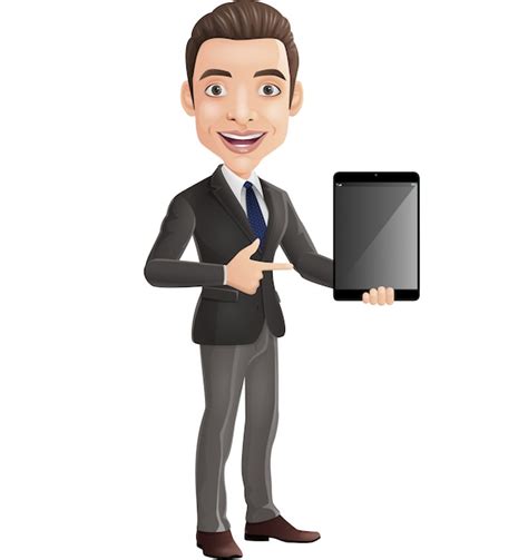 Premium Vector Cartoon Happy Young Businessman Holding A Tablet