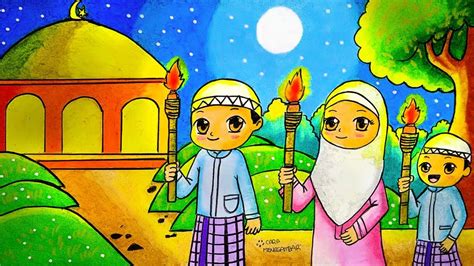 Cara Menggambar Dan Mewarnai Tema Pawai Obor Tahun Baru Islam 1