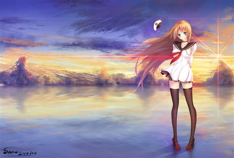 Long Hair Blonde Blue Eyes Anime Anime Girls Stockings Sunset