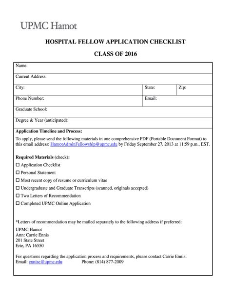 Fillable Online Upmc Hospital Fellowship Program Application Checklist