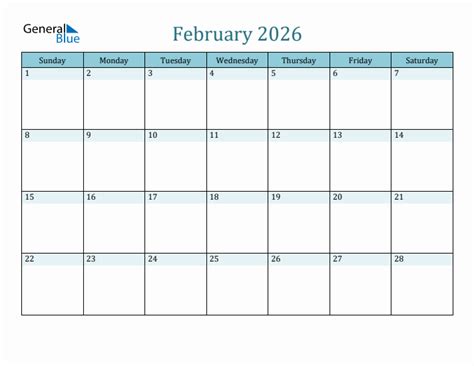 February 2026 Monthly Calendar Template Sunday Start