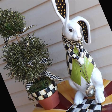 White Rabbit Figurine Hand Painted Whimsical Black And White Check