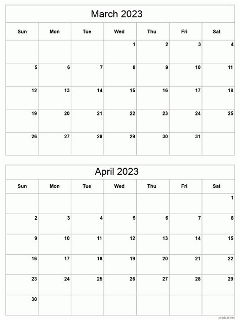 March To April 2023 Printable Calendar Two Months Per Page Printable