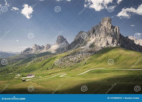 Mountain Pass Passo Giau With Peaks And Green Meadow During Day In The