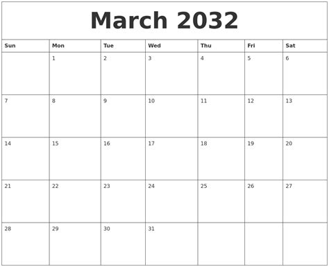 March 2032 Free Downloadable Calendar