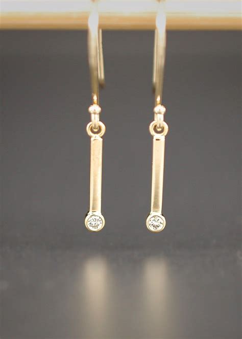 Tiny Diamond Bar Dangle Earrings 14K Yellow Gold And Genuine Etsy
