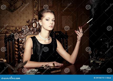 Woman Smoke With Cigarette Holder Retro Style Stock Image Image Of