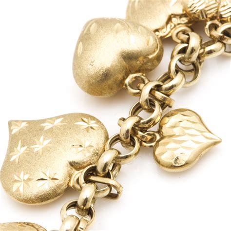 14k Yellow Gold Puffed Heart Charm Bracelet Ebth