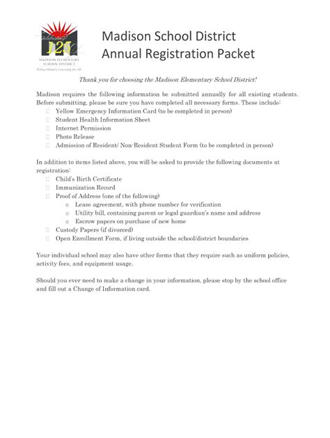 Fillable Online Madison School District Annual Registration Packet
