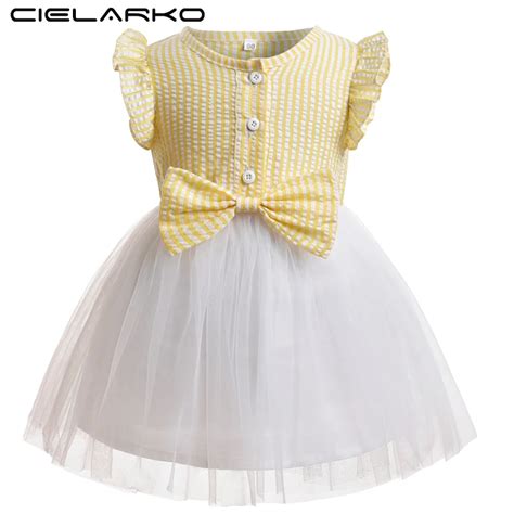 Cielarko Girls Shirts Dress Tulle Yellow White Kids Dresses Bow