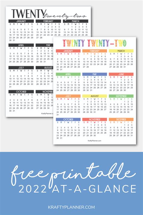 2022 Year At A Glance Free Printable Calendar Krafty Planner Calendar 2022 Printable One Page