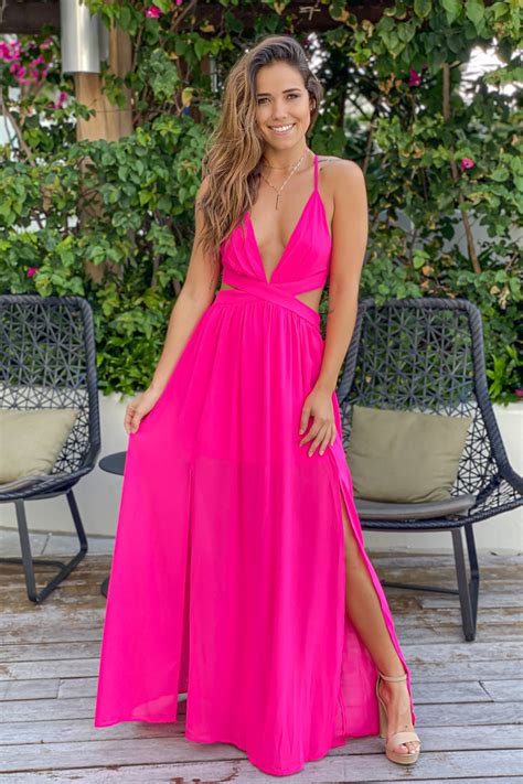 Hot Pink Maxi Dress With Cut Outs And Side Slit Maxi Dresses Saved By The Dress