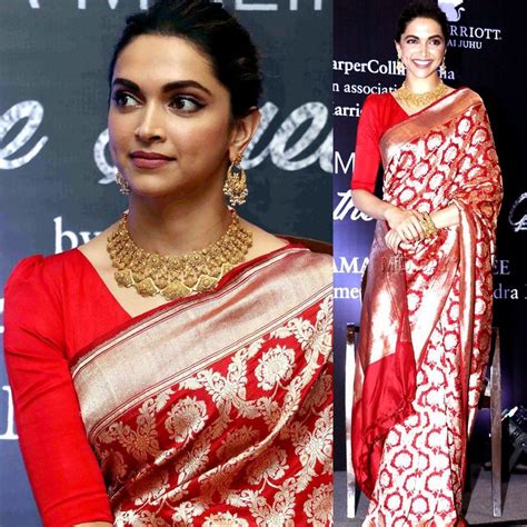 Buy Latest Deepika Padukone Red Colored Banarasi Silk Celebrity Designer Saree At Affordable