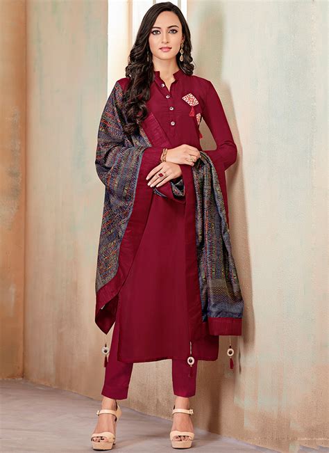 Buy Maroon Cotton Straight Pant Suit Patch Work Straight Pant Suit