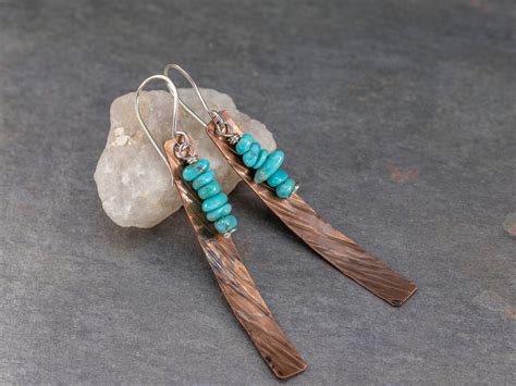 Long Copper Dangle Earrings With Campitos Turquoise Stones Hammer