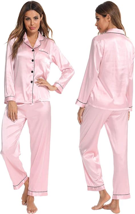 Swomog Womens Silk Satin Pajamas Long Sleeve Loungewear Two Piece Sleepwear Button Down Pj Set