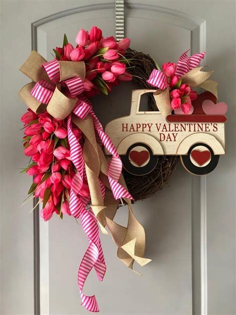 Valentine Wreathvalentine Frontdoor Decor With Pink Tulips And Love