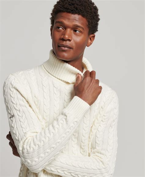 Mens Cable Roll Neck Jumper In Cream Superdry Uk