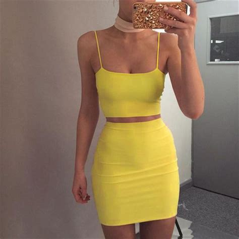 Strappy Crop Top Set Fashion Yellow Mini Skirt Outfits