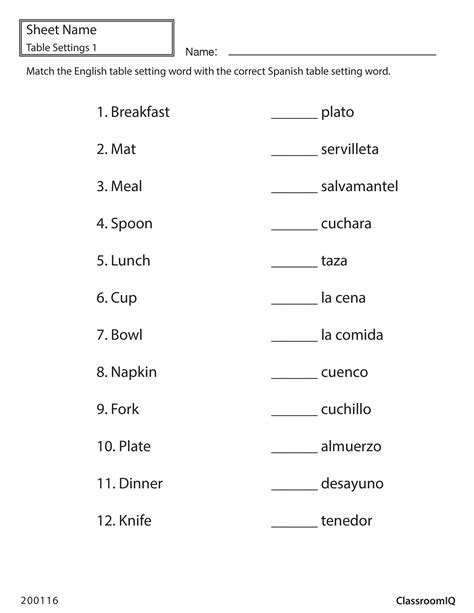 Match Word For Table Setting Spanishworksheets Classroomiq