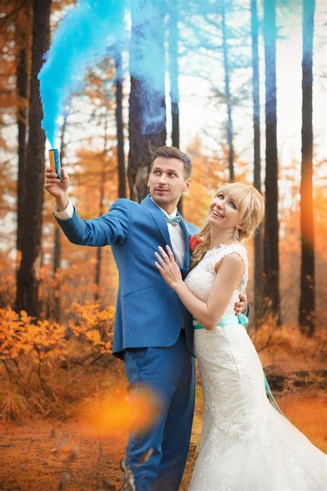 Norilsk Siberia Married Couple In Love Among Trees With Blue Smoke