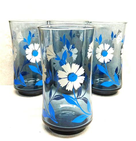 Blue Drinking Glasses Libbey Drink Ware Floral Tumblers Set Of