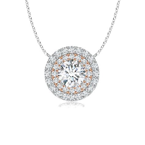 Angara Round Diamond Double Halo Pendant Necklace In 14k White And Rose