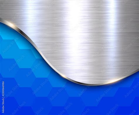 Blue Metallic Background Hexagonal Pattern With Silver Wave And Metal