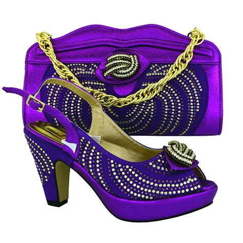 Purple Nice Looking African Wedding High Heels With Bag Matched Wholesale Woman Shoes And Bag