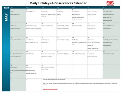 Daily Holidays And Observances Printable Calendar Archives Sands Blog