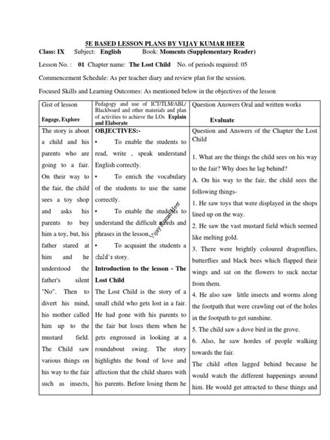 Ncert Lesson Plans Class 9th Moments Lesson Plans By Vijay Kumar Heer Pdf Lesson Plan