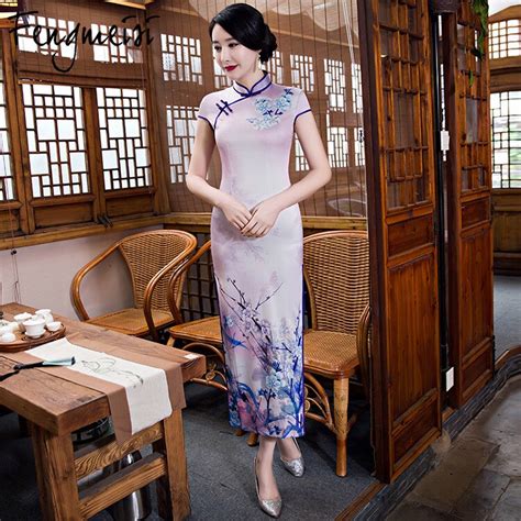fengmeisi women cheongsam long qipao chinese style silk sexy sheath dress pink split fashion