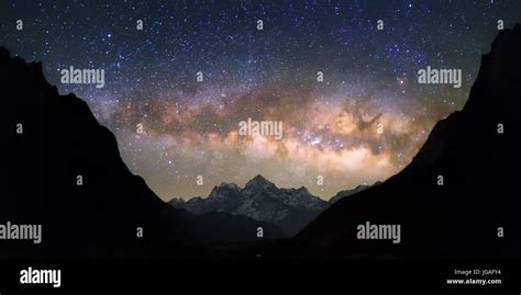 Bright And Vivid Milky Way Galaxy Over The Snowy Mountains Nepal