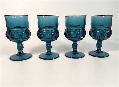 4 Vintage Blue Glass Wine Water Glasses Decorative Sides And Stems W