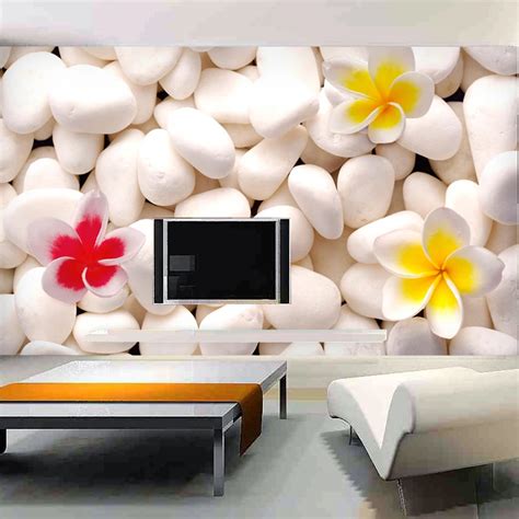 Modern 3d Stereoscopic Stone And Flowers Wall Paper For Living Room