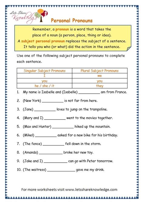 grade  grammar topic  personal pronouns worksheets lets share