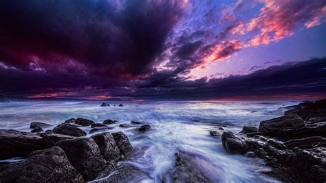 Purple Sky Ocean Sunset Waves Ocean Waves Sky Clouds Sea