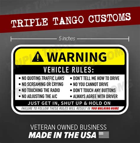 Vehicle Rules Funny Bumper Sticker Car Truck Window Decal Safety