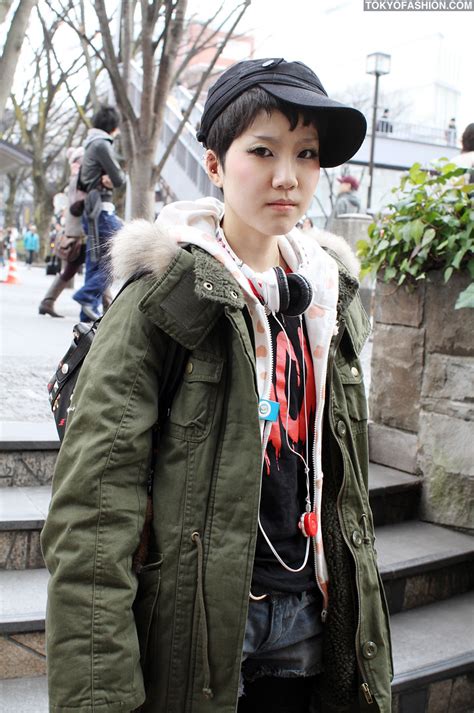 Girl In Military Coat W Hellcatpunks Bag In Harajuku Tokyo Fashion