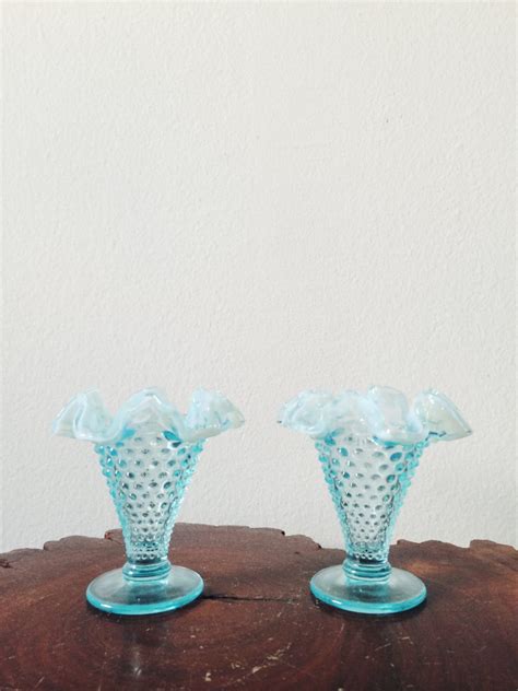 Vintage Blue Glass Hobnail Candle Holders Fenton Glass Art