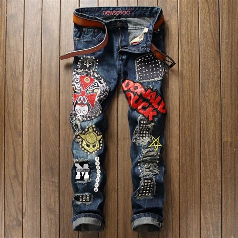 Newsosoo Brand Name Ripped Hole Men Jeans Fashion Italy Style Patch Beaded Owl Funny Mask