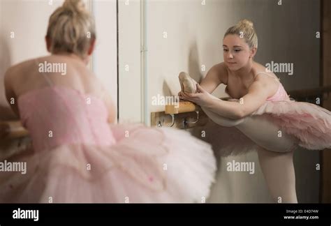 Beautiful Ballerina Warming Up With The Barre Stock Photo Alamy