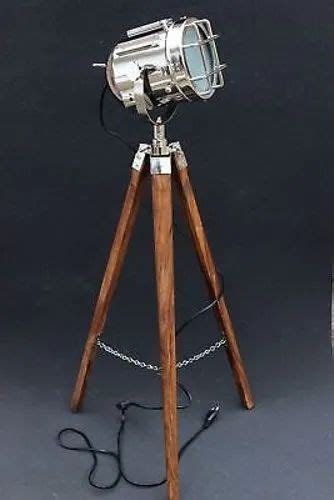 Nautical Retro Style Vintage Spot Search Light With Wooden Tripod Stand