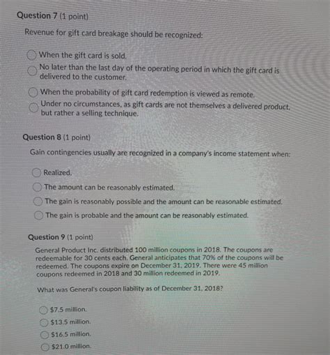 Tue, aug 24, 2021, 4:00pm edt Solved: Question 7 (1 Point) Revenue For Gift Card Breakag... | Chegg.com