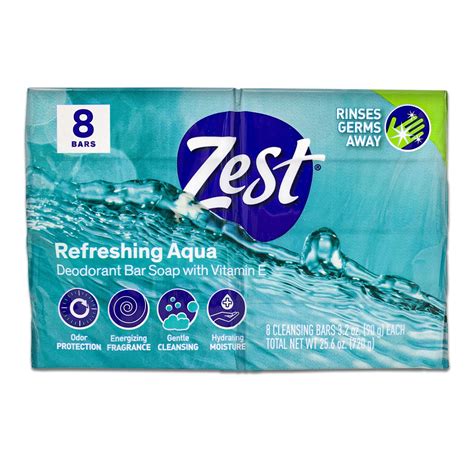 Zest Refreshing Aqua Deodorant Bar Soap With Vitamin E 256oz 8 Cou