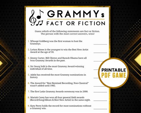 Grammys Fact Or Fiction True Or False Printable Trivia Game Music