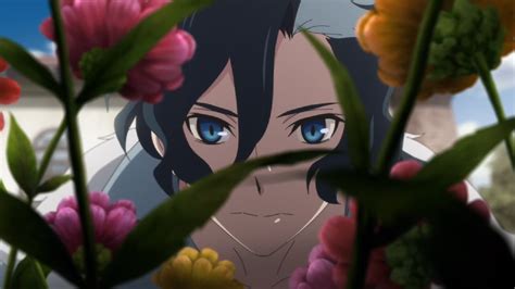 An Anime Character With Blue Eyes Surrounded By Flowers
