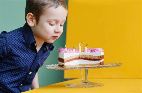Boy Blowing Out Candles Celebrate Holidays Birthday Cake Positive
